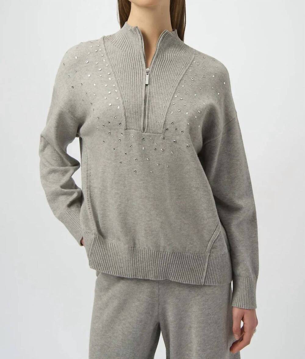 NEW JOSEPH RIBKOFF embellished zipped mock neck pullover sweater in grey melange